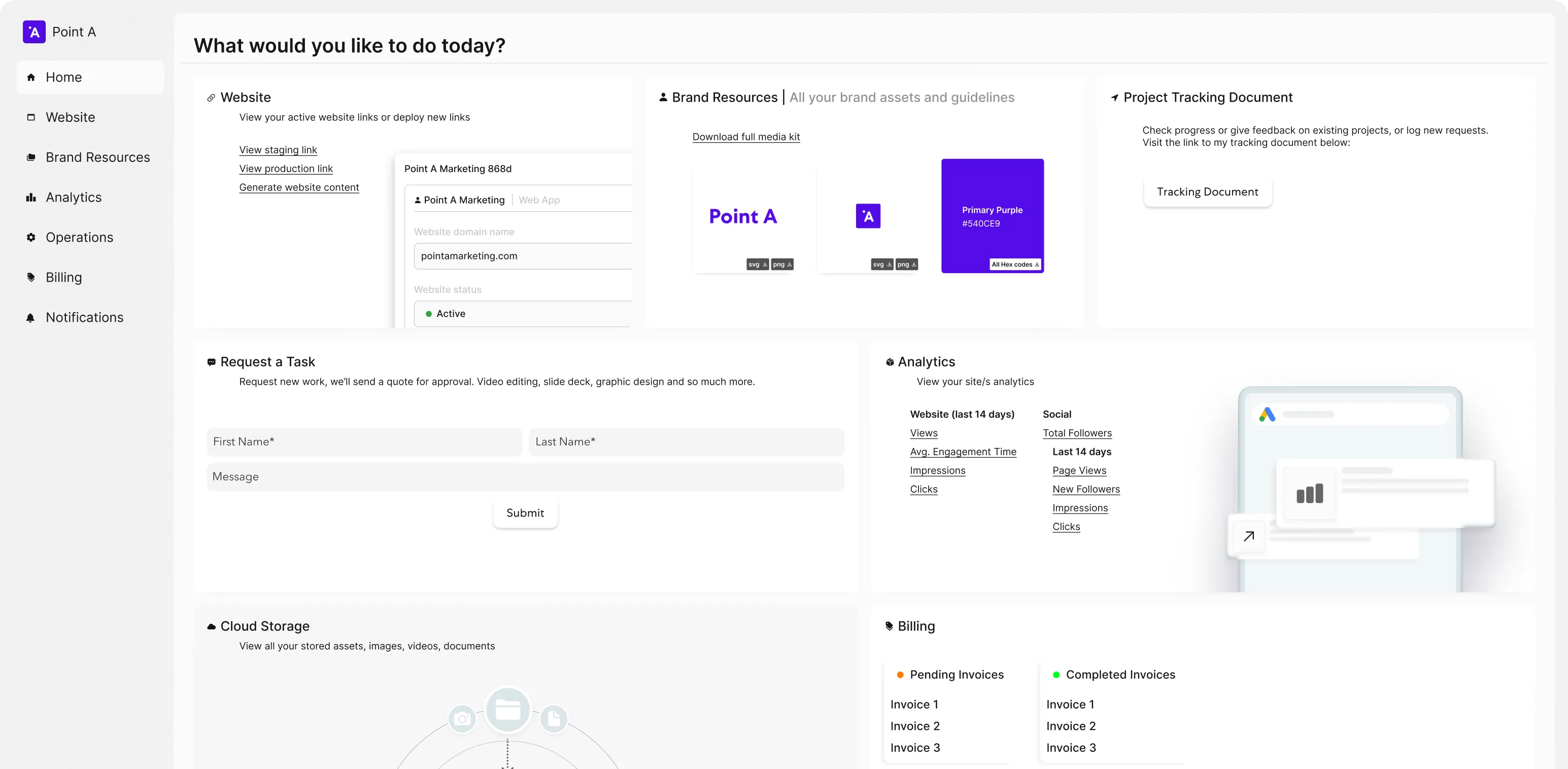 Dashboard for companies to view all marketing activities and reports by Point A Marketing, cost-effective solution for tracking marketing performance, real-time insights and analytics, comprehensive marketing reports for businesses in Luxembourg, improving efficiency and decision-making with streamlined digital marketing management.