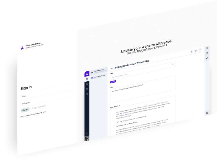 Streamlined content management system by Point A Marketing with built-in tools for workflow management, enabling businesses in Luxembourg to efficiently manage digital content without needing advanced technical skills.